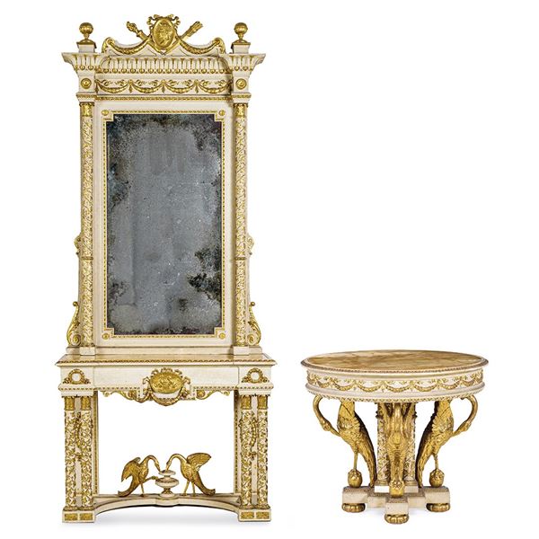 Consolle con specchiera e tavolo circolare en suite. XIX secolo