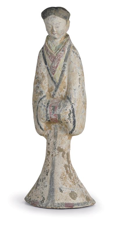 Figura in Terracotta Raffigurante Dama di Corte con Tracce di Policromia, Cina, Dinastia Han (206...