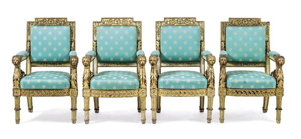 Quattro poltrone in legno laccato e dorato. Piemonte, prima metà XIX secolo