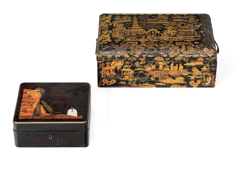 Lotto composto di scatola in legno laccato raffigurante topi all'interno di un buco e scatola in legno laccato dorato raffigurante scena di vita comune, Giappone, perido Meiji (1868-1912) e Cina, inizio XIX secolo  - Asta Sei Secoli di Arti e Arredi - III - Cambi Casa d'Aste