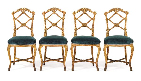 Quattro sedie in legno intagliato e dorato a corda intrecciata. XIX secolo