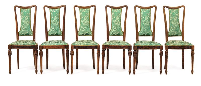 Sei sedie Liberty in legno intagliato. XX secolo  - Auction Six Centuries of Arts and Furnitures - III - Cambi Casa d'Aste