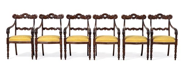 Sei poltrone Carlo X in mogano. Genova, XIX secolo