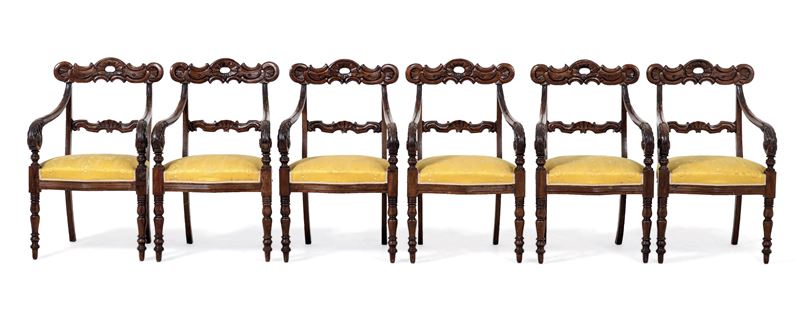 Sei poltrone Carlo X in mogano. Genova, XIX secolo  - Asta Sei Secoli di Arti e Arredi - III - Cambi Casa d'Aste