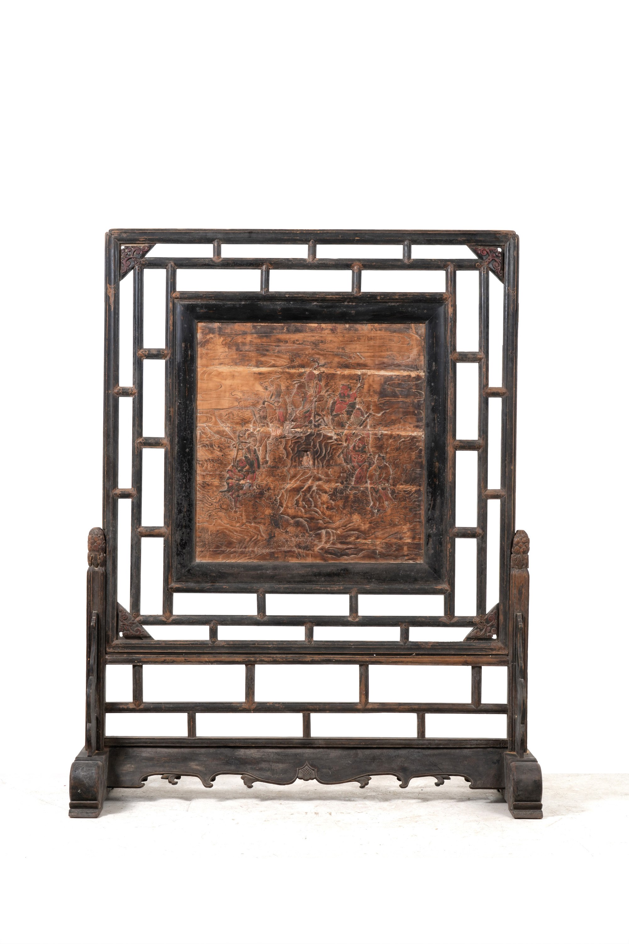 Grande Paravento con Dipinto in Legno con Tracce di Policromia Raffigurante Scena di Corte, Cina,...