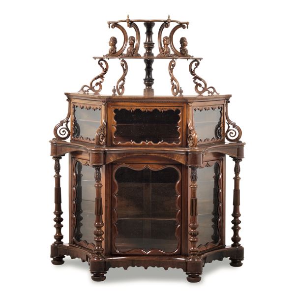 Etagere Luigi Filippo intagliato, intarsiato e filettato. XIX secolo