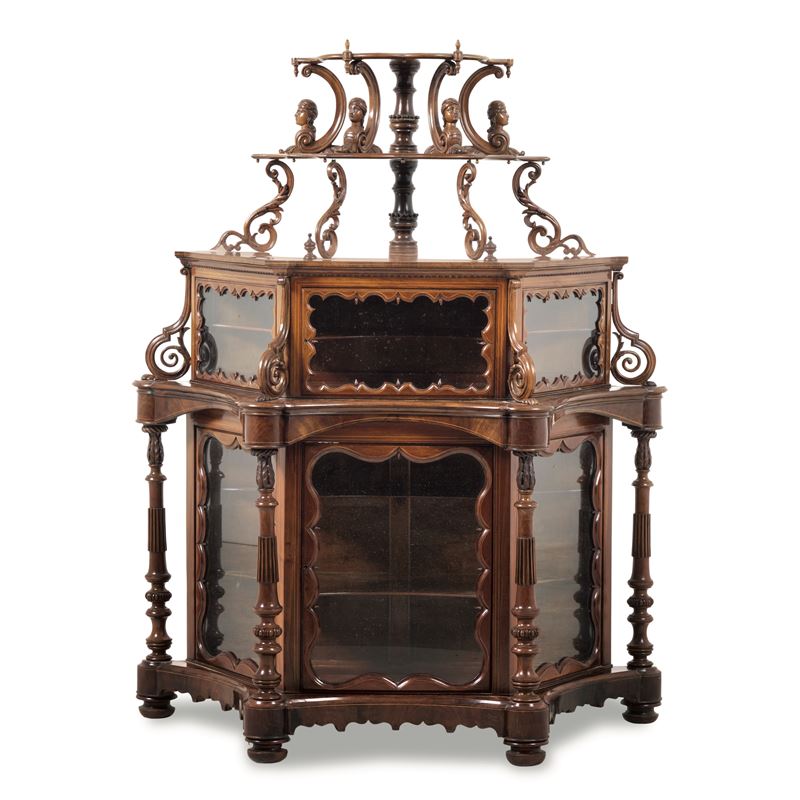 Etagere Luigi Filippo intagliato, intarsiato e filettato. XIX secolo  - Asta Sei Secoli di Arti e Arredi - III - Cambi Casa d'Aste