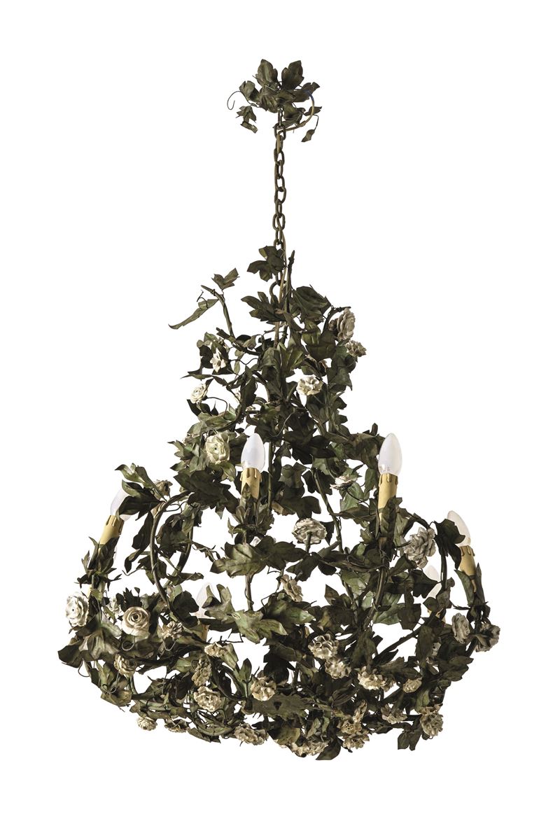 Lampadario a sei luci in lamierino. XX secolo  - Auction Six Centuries of Arts and Furnitures - III - Cambi Casa d'Aste