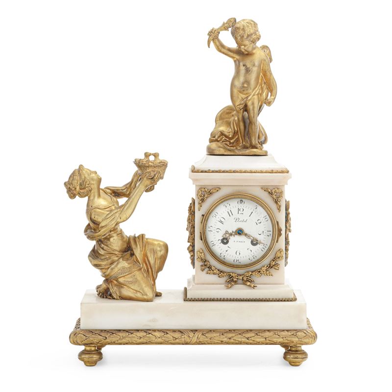 Pendola da tavolo in marmo bianco e metallo dorato. Platel a Paris, XIX secolo  - Asta Antiquariato - Cambi Casa d'Aste