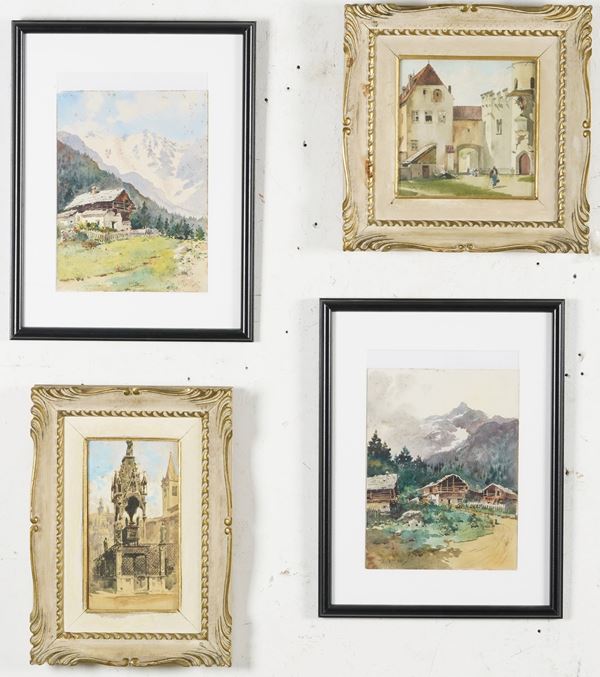 quattro acquerelli (due raffiguranti baite, Varna, tomba degli Scaligeri)