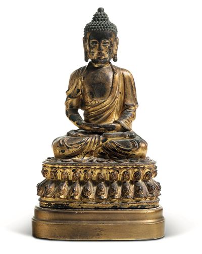 Grande e Importante Figura di Buddha Amitayus in Bronzo Dorato Seduto su Doppio Fiore di Lotto, C...