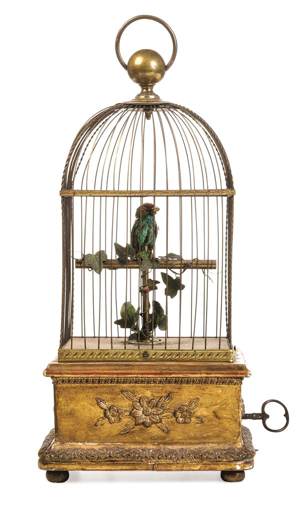 Automa a foggia di gabbia con volatile. Francia, XIX secolo