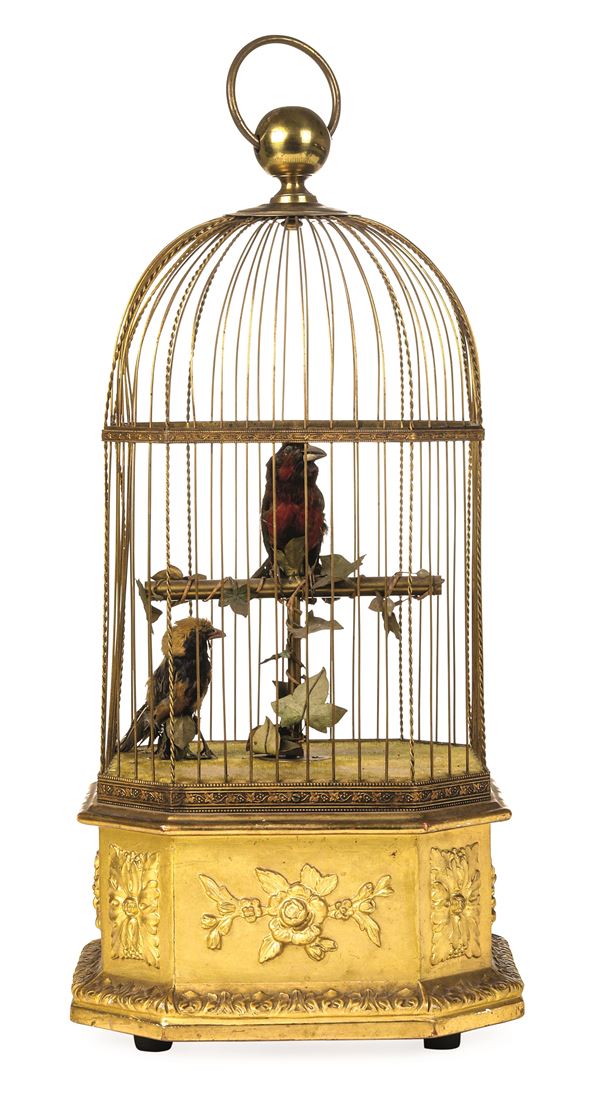 Automa a foggia di gabbia con volatili. Francia, XIX secolo