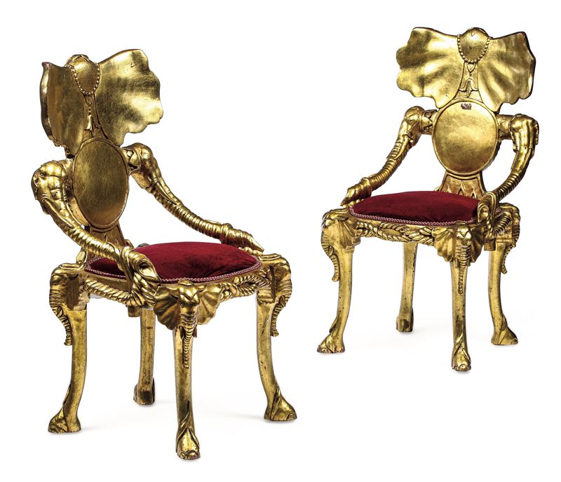 Coppia di poltrone zoomorfe “Big Five” in legno intagliato e dorato. XX secolo  - Auction Six Centuries of Arts and Furnitures - III - Cambi Casa d'Aste