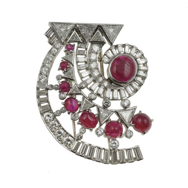 Diamond, ruby and gold brooch