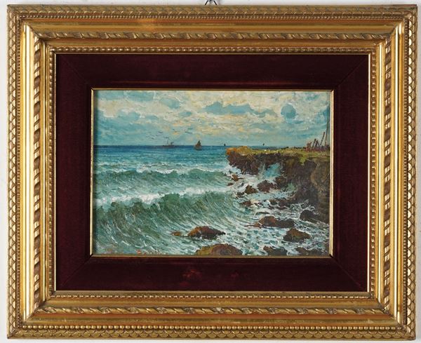 Pittore del XIX secolo Marina con veliero all’orizzonte