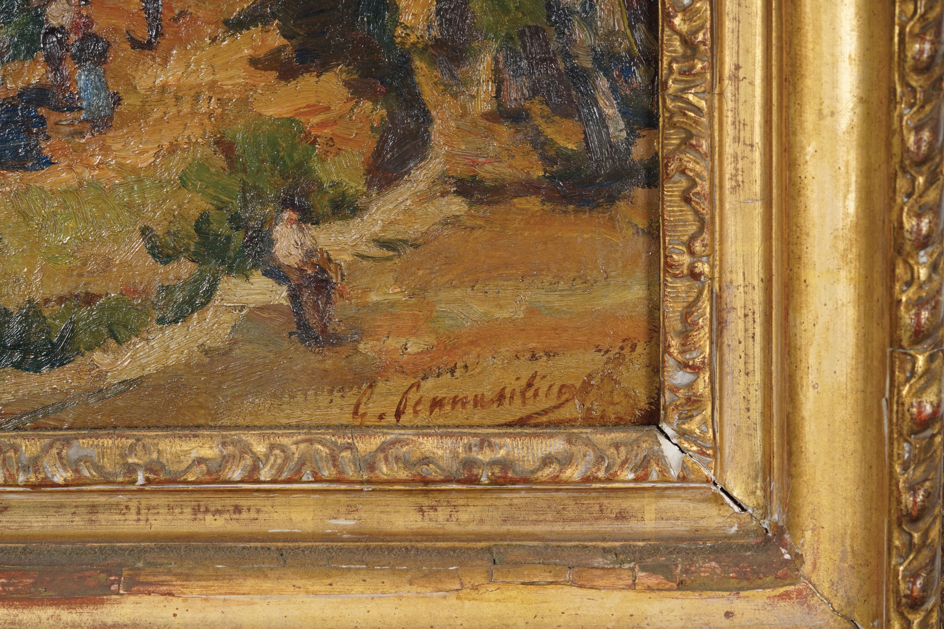 Giuseppe Pennasilico - Paesaggio campestre con figure, olio su cartone