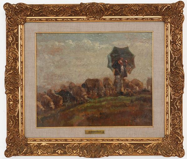 Eugenio Scorzelli - Contadino con ombrello e gregge