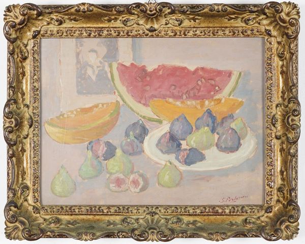 S. Portazzeri (?) Natura morta con anguria e fichi