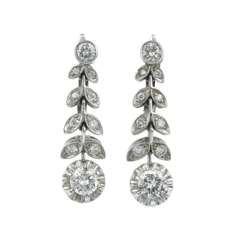 Pair of diamond, platinum and gold earrings  - Auction Fine Jewellery - Cambi Casa d'Aste
