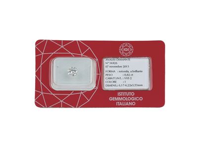Diamante rotondo a brillante, ct 0.82, colore I, VVS2, fluorescenza UV nulla
