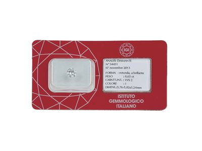 IGI Milano, Diamante taglio brillante, ct 0.65, colore I, VVS2, fluorescenza UV debole