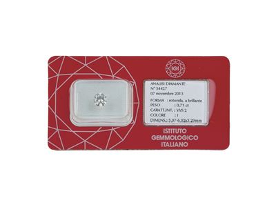 Diamante Taglio Rotondo a Brillante di Ct 0.72, Colore I, Caratteristiche Interne Vvs2, Fluoresce...
