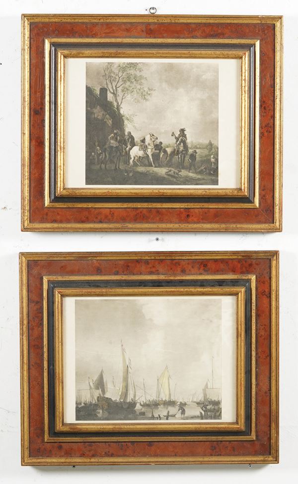 Due stampe raffiguranti velieri e scena con cavalli