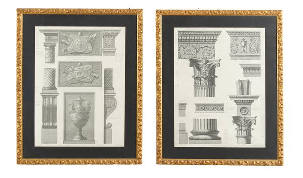 Architettura Due stampe raffiguranti capitelli e fregi