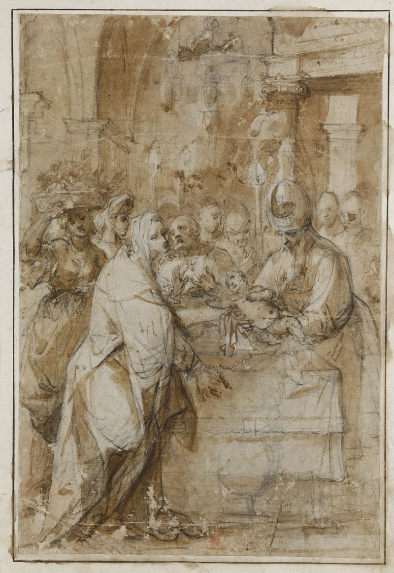 Scuola veneta del XVII secolo La circoncisione di Cristo  - matita nera e acquerello bruno su carta - Auction Old Masters - Cambi Casa d'Aste