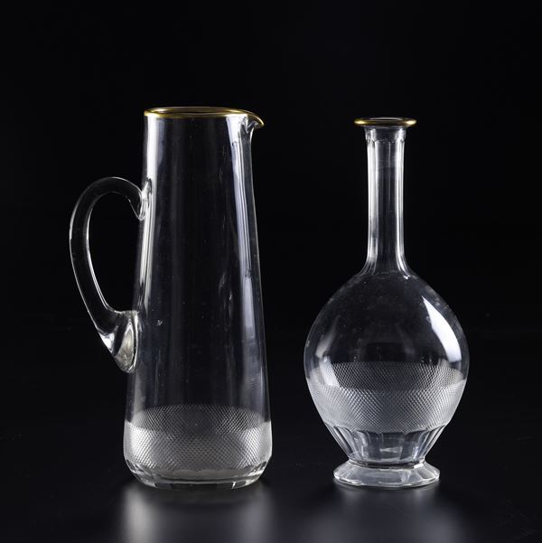 Una bottiglia, due caraffe "Royal". Repubblica Ceca, Manifattura Moser, 1920 circa.