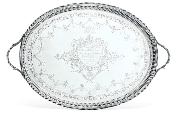 Vassoio. Sheffield 1891, argentiere SFAJF entro scudo (non identificato)