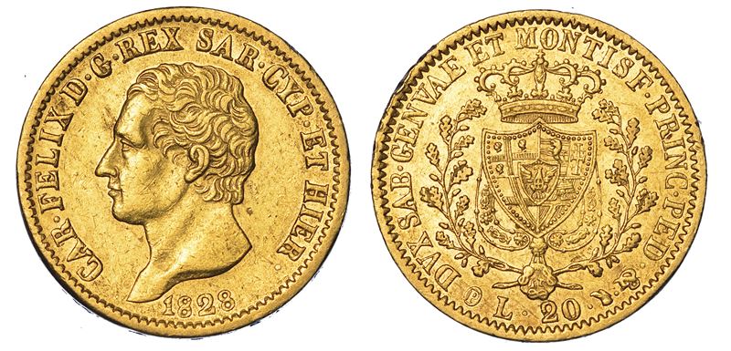 REGNO DI SARDEGNA. CARLO FELICE DI SAVOIA, 1821-1831. 20 Lire 1828. Torino.  - Auction Numismatics - Cambi Casa d'Aste