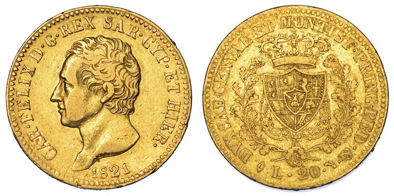 REGNO DI SARDEGNA. CARLO FELICE DI SAVOIA, 1821-1831. 20 Lire 1821. Torino.  - Auction Numismatics - Cambi Casa d'Aste