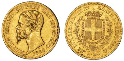 Regno di Sardegna. Vittorio Emanuele II di Savoia, 1849-1861. 20 Lire 1858. Torino.