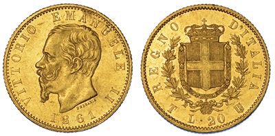 Regno D’italia. Vittorio Emanuele II di Savoia, 1861-1878. 20 Lire 1861. Torino.