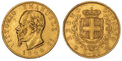 Regno D’italia. Vittorio Emanuele II di Savoia, 1861-1878. 20 Lire 1866. Torino.