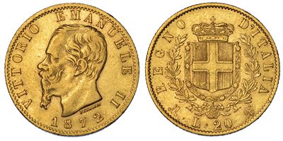 Regno D’italia. Vittorio Emanuele II di Savoia, 1861-1878. 20 Lire 1872. Milano.