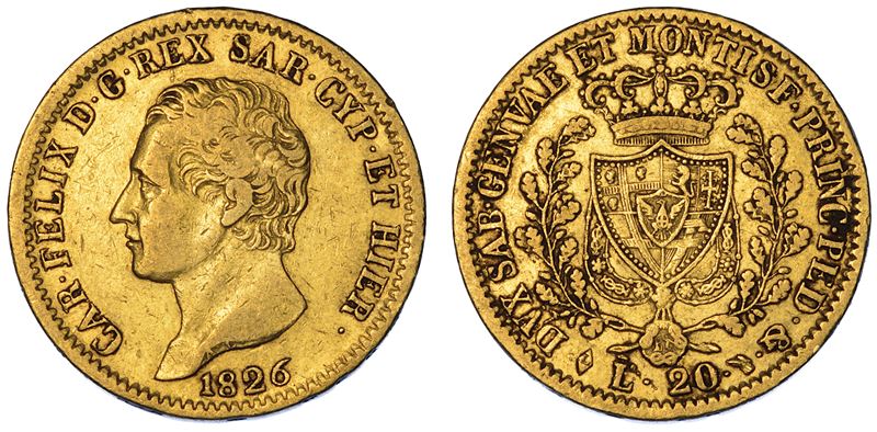 REGNO DI SARDEGNA. CARLO FELICE DI SAVOIA, 1821-1831. 20 Lire 1826. Torino.  - Auction Numismatics - Cambi Casa d'Aste