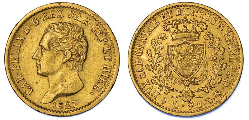 REGNO DI SARDEGNA. CARLO FELICE DI SAVOIA, 1821-1831. 20 Lire 1827. Torino.  - Auction Numismatics - Cambi Casa d'Aste