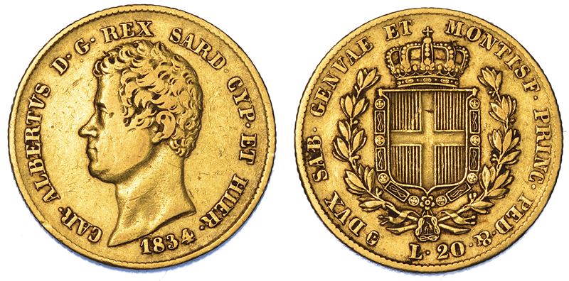 REGNO DI SARDEGNA. CARLO ALBERTO DI SAVOIA, 1831-1849. 20 Lire 1834. Senza marchio di zecca.  - Auction Numismatics - Cambi Casa d'Aste
