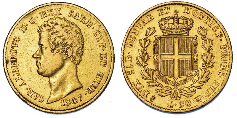 REGNO DI SARDEGNA. CARLO ALBERTO DI SAVOIA, 1831-1849. 20 Lire 1847. Senza marchio di zecca.  - Auction Numismatics - Cambi Casa d'Aste