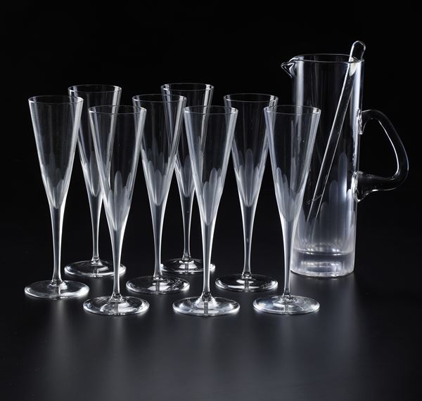 Otto flûtes e una brocca. Treviso, Manifattura Varisco, seconda metà del XX secolo.