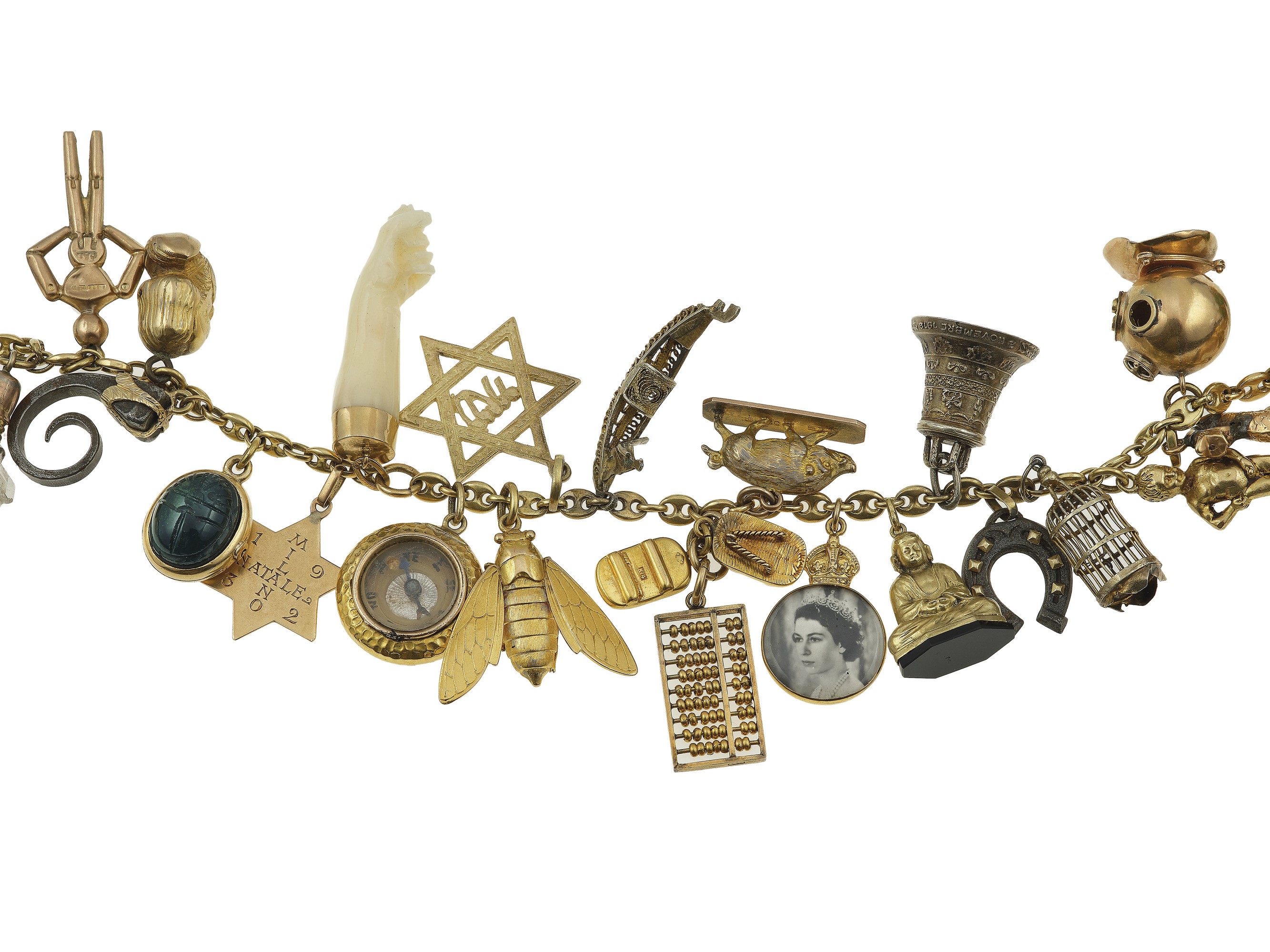 Girocollo con charms, oro giallo 750/1000, argento e leghe metalliche