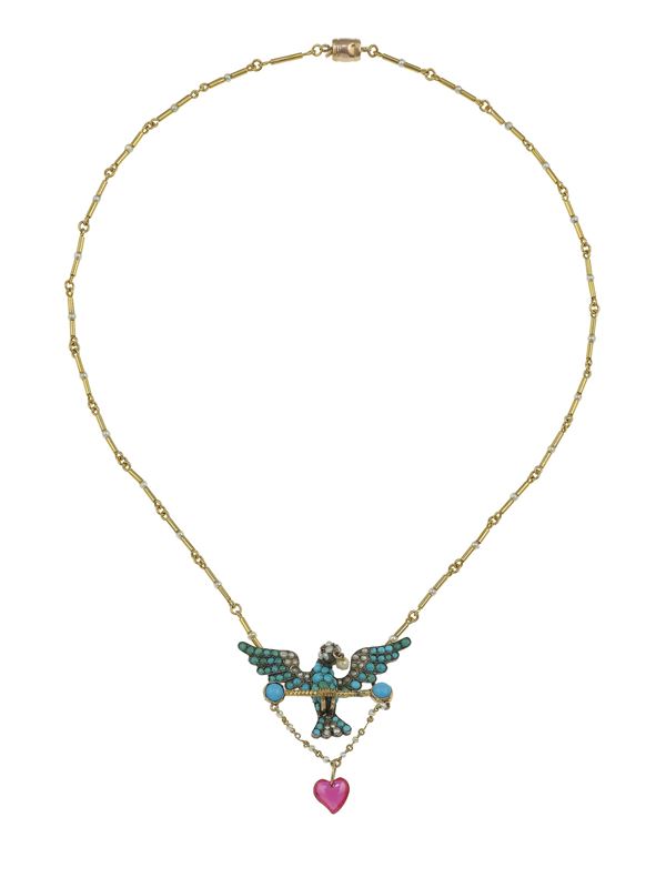 Turquoise, pearl, gold, low-karat gold and silver necklace