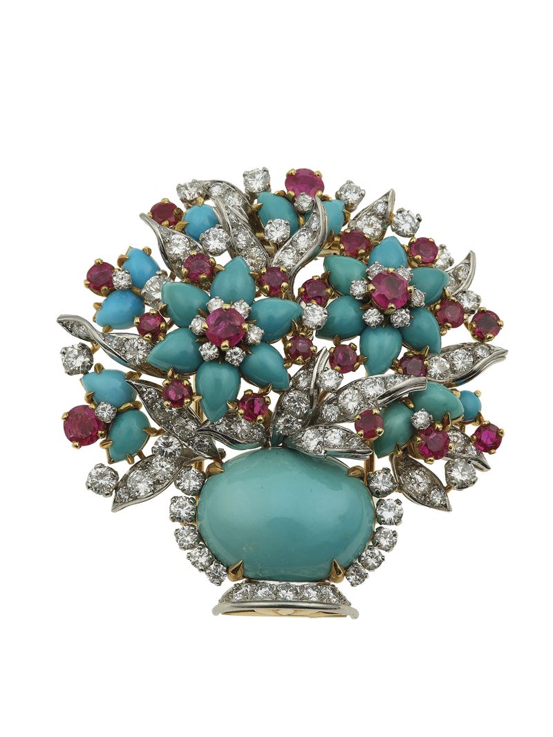 Turquoise, diamond, ruby, platinum and gold clip brooch  - Auction Fine Jewellery - Cambi Casa d'Aste