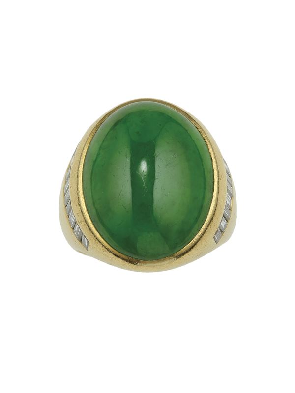Jadeite (type A), diamond and gold ring. Signed Bulgari. Gemmological Report R.A.G. Torino n. J24069mn