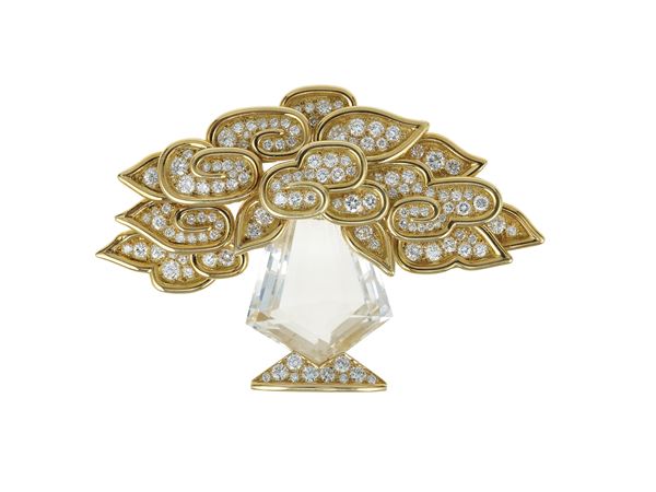 Rock crystal, diamond, gold and platinum brooch. Signed Bulgari