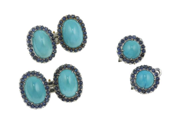 Pair of turquoise, sapphire and gold cufflinks and studs