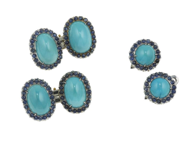 Pair of turquoise, sapphire and gold cufflinks and studs  - Auction Fine Jewels - Cambi Casa d'Aste